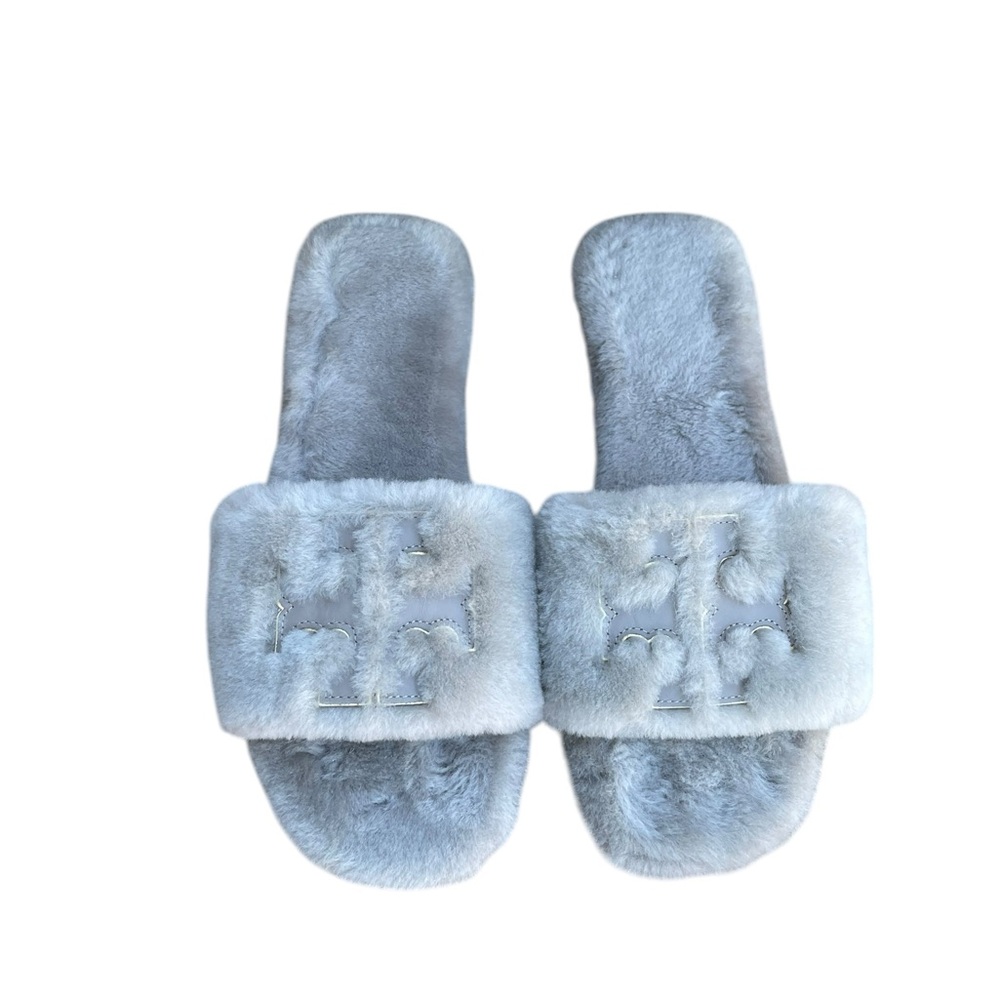 Tory Burch Double T Genuine Shearling Slide Gray Heron